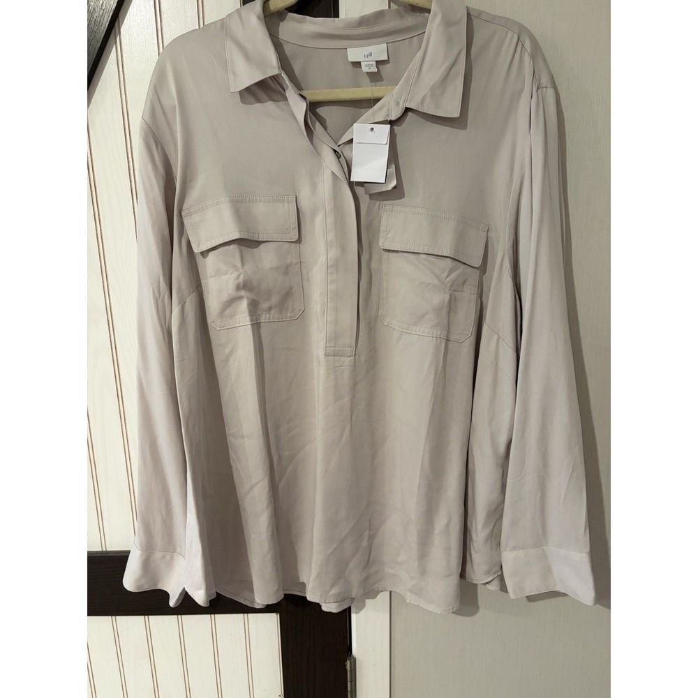 J. Jill Modal Popover Utility Blouse 2X Stone Grayish Tan Long Sleeve Top 299811